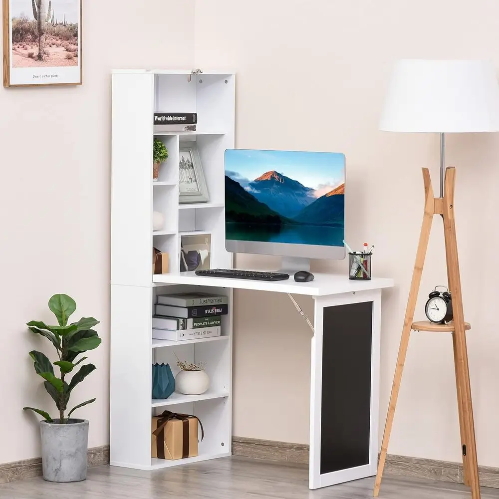 White oldable Wall Mounted Desk with Storage Shelves, old Out Convertible Computer Table with Blackboard, olding Writing Table W
