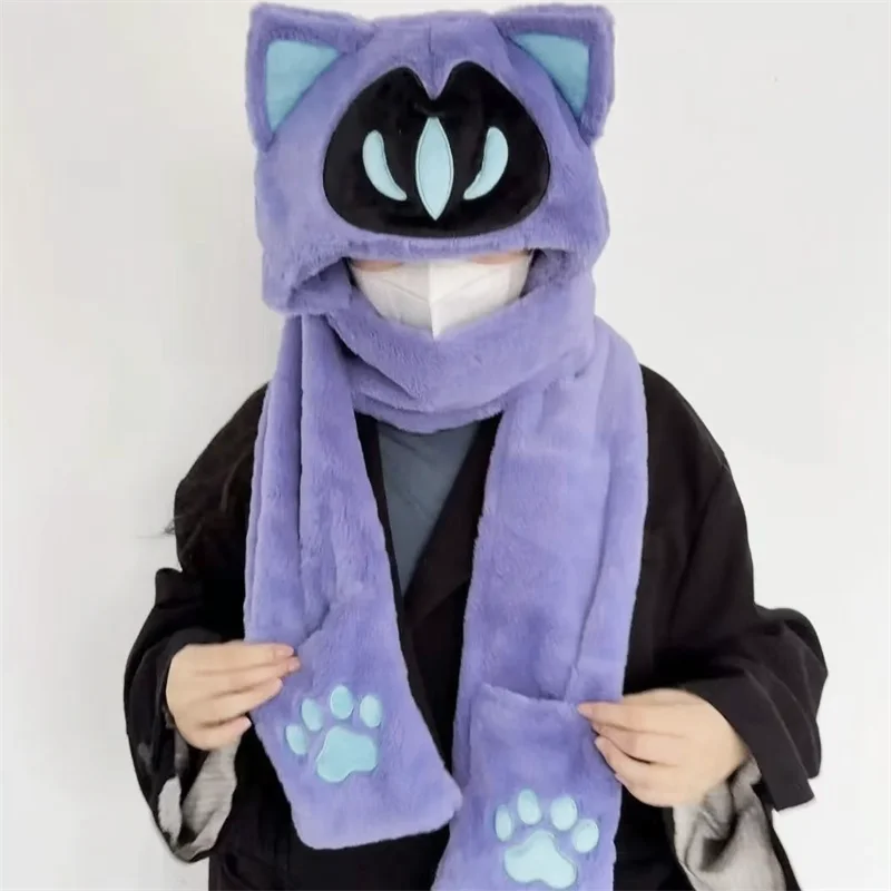 Game Valorant Omen Cat Ear Paw Cosplay Scarf Plush Hooded Winter Windproof Hat Costume Cute Cartoon Girl Comfortable Warm Set