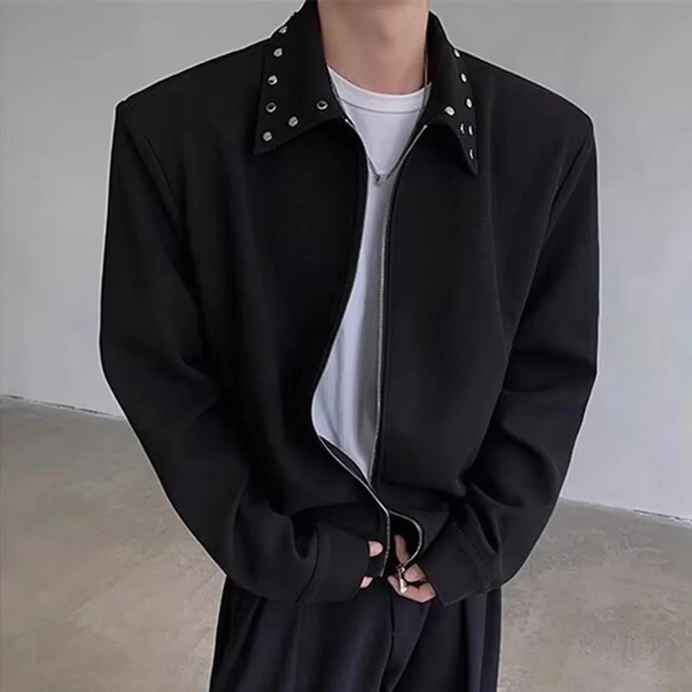 Mens Padded Shoulder Riveted Casual Jacket Streetwear Fashion Youth Outdoor Versatile Personality Bomber Urban Outerwear 2026