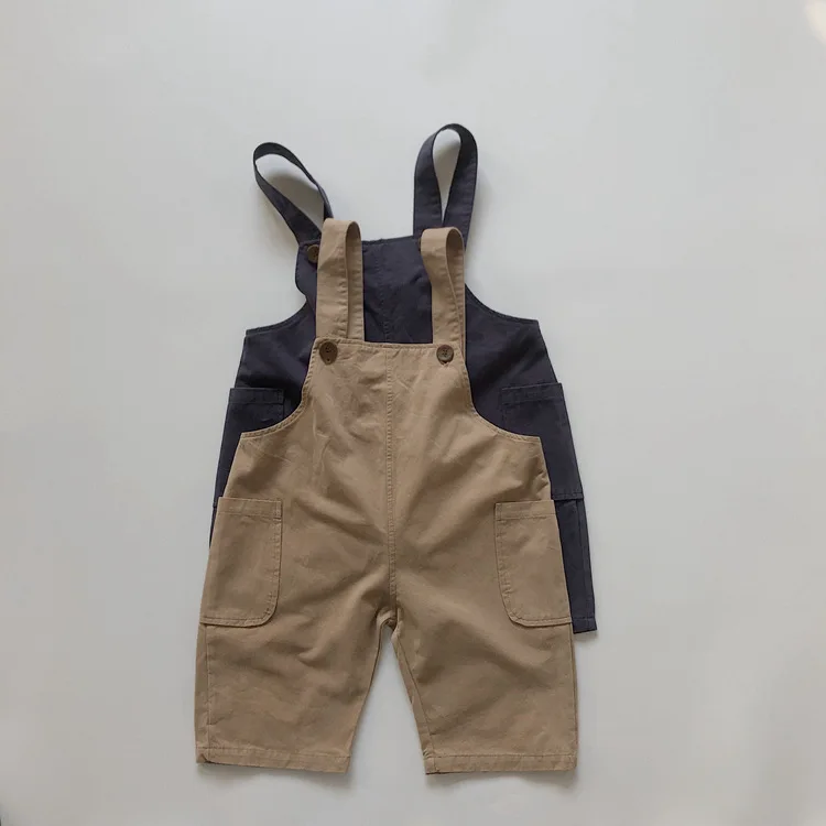 Autumn Korean 2024 Toddler Baby Boys Overalls Cotton Solid Pocket Kids Boys Suspender Pants All-matched Loose Child Boys Pants