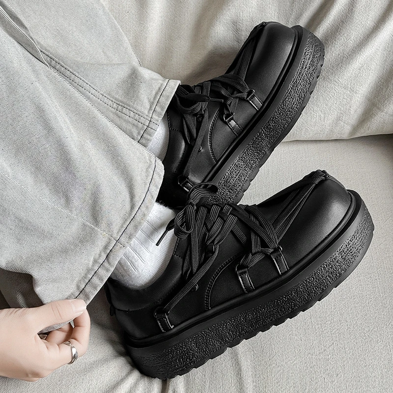 Korean style men's fashion stage nightclub platform shoes black designer lace-up oxfords shoe original leather sneakers footwear