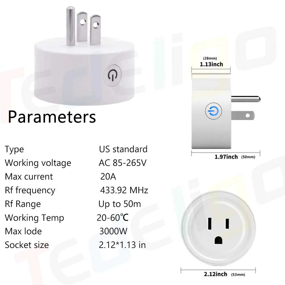 Tedeligo RF 433MHz Wireless Remote Control Plug Socket Switch 110V 120V 220V 20A 3000W Standard usa, per la casa LED Light Fan Lamp