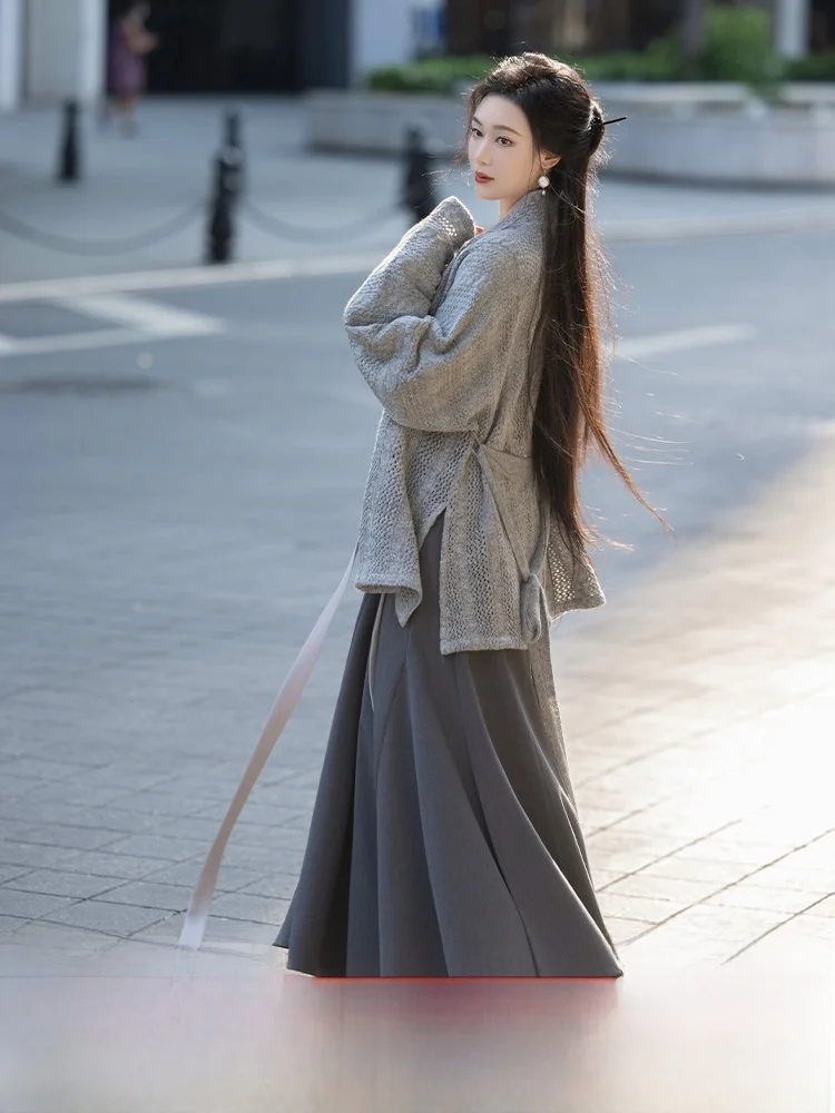 

Шикарное китайское пальто-свитер с авиационным принтом для женщин, осенне-зимнее, из хлопка, полиэстера и переработанной вискозы, в стиле Ханьфу, с юбкой