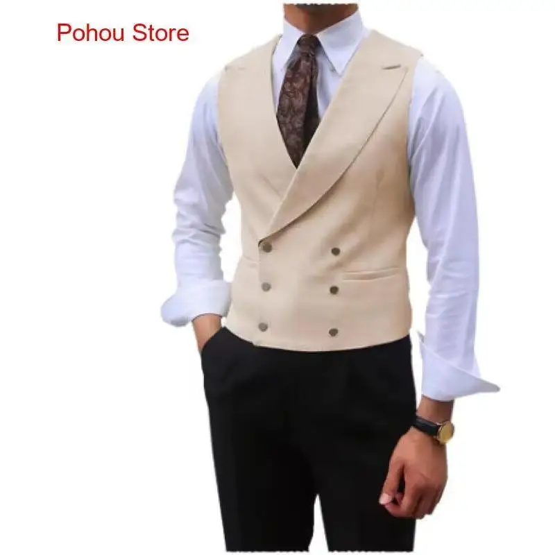 Sleeveless Jacket Wedding Banquet Business Casual Slim Waistcoat Men Vest Brown Peaked Lapel Double Breasted