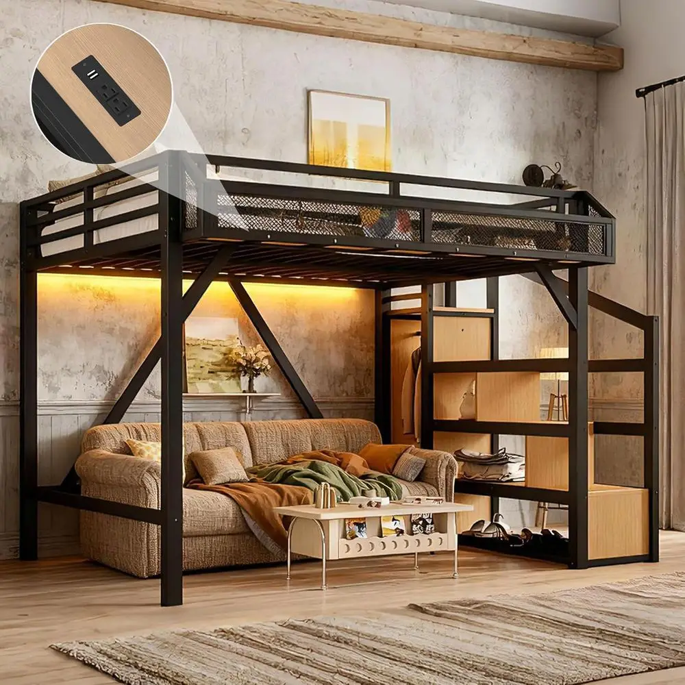 

emave Lot Bed ull Size with Storage Stairs, Beside Shel & Wardrobe, Metal ull Size Lot Bed with USB Ports & LED Light, Large Und