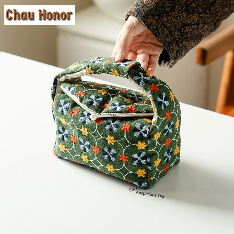 Fabric Cotton-linen Embroidered Tea Cozies Japanese Tea Cozy for Teapot Hand Bag Travel Tea Set Bag Drinkware Accessories Craft