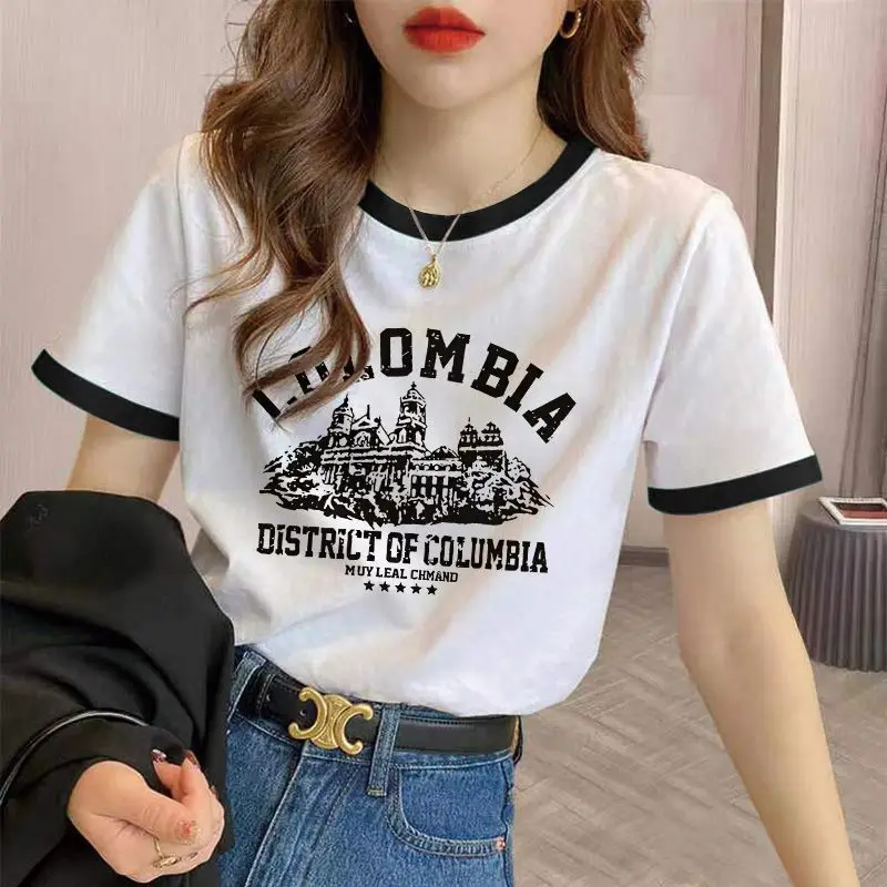 스레드 캐주얼 라운드 넥 디자인 반팔 티셔츠 여성 여름 새로운 스플 라이스 대비 색상 얇은 탑