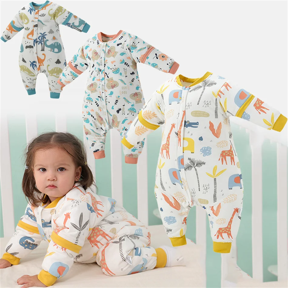 

Toddler Cartoon Print Thick Pajamas for Boys Girls Baby Autumn Winter Cotton Warm Jumpsuit Infant Removable Sleeves Romper