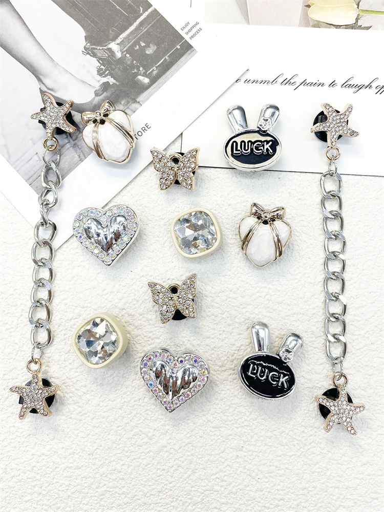 12PCS Shoe Charms ABS Accessories Decorations DIY Clog Ornament Glitter Rhinestone Buckle Star Chain Pins For Women Garden Shoes