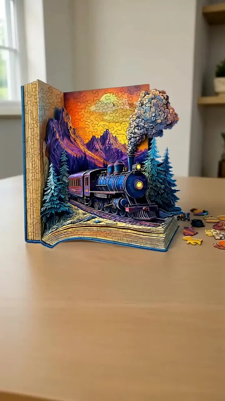 Puzzle in Legno per Adulti - Il Treno nel Libro, Puzzle in Legno dalla Forma Unica, Decorazione d'Arte Moderna per la Casa