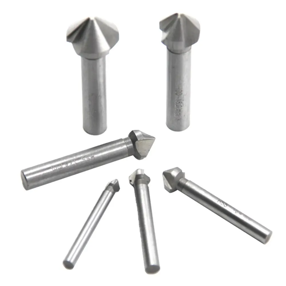 6pc 90 Degree Three Blade Full Grinding Chamferer Woodwork Milling Cutter Drill Bit Hole Opener Spot Facer Tool Set