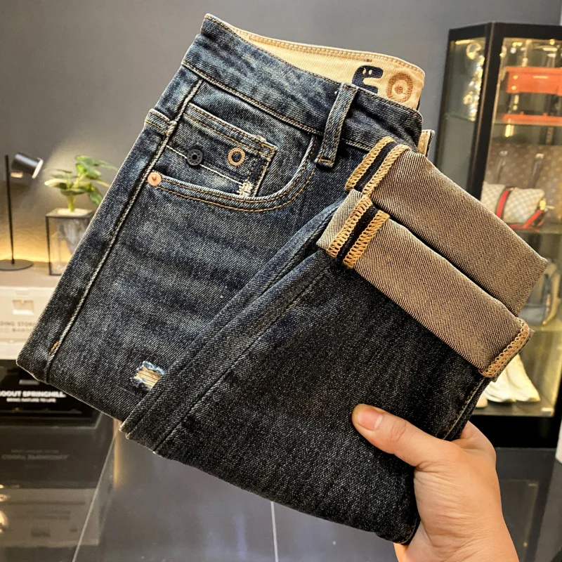 Tendência high-end 2025 outono novo rasgado remendado jeans magros masculinos na moda e bonito ruas casuais calças compridas