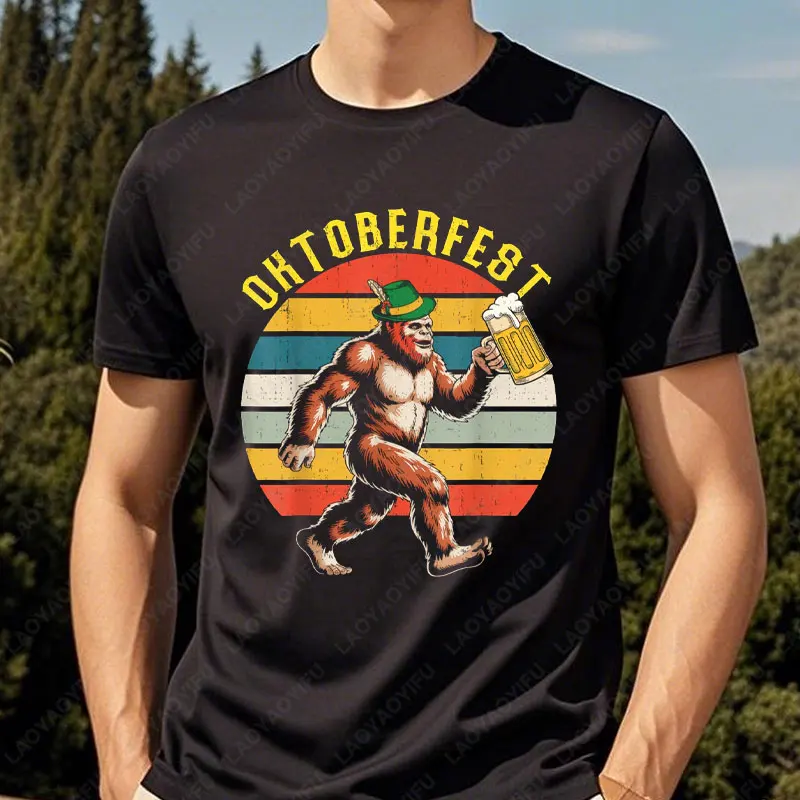 

Sasquatch Oktoberfest Shirt Funny Beer Mug Bavarian Hat Graphic Men Women T-Shirt Summer Short-sleeve Clothes Cotton Casual Wear