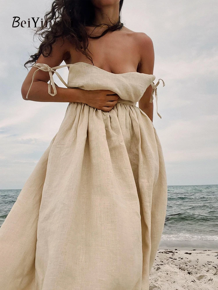 

Beiyingni Female Dress 2025 Summer Solid Color Cotton Long Midi Spaghetti Strap Dresses for Women Sexy Backless Beige Vestidos
