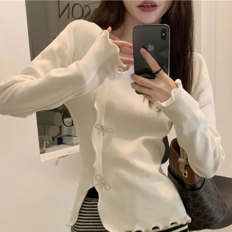 Hot Selling Women\'s Sweater Black Side Split Fungus Edge Bow Outcoat Knitted Cardigan Pullovers Long Sleeves Women\'s Clothing