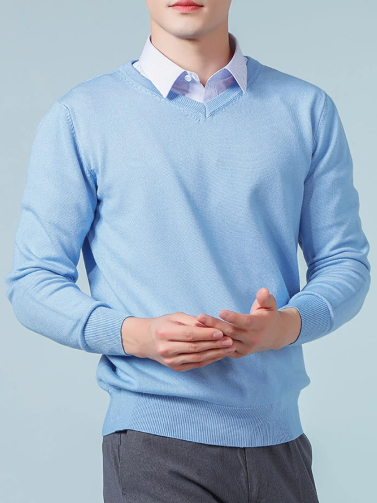 

Men's V-Ne Wool Sweater Thiened Large Size Casual Slim Fit Knitted Sweater Warm Breathable Pure Color Busin Casual