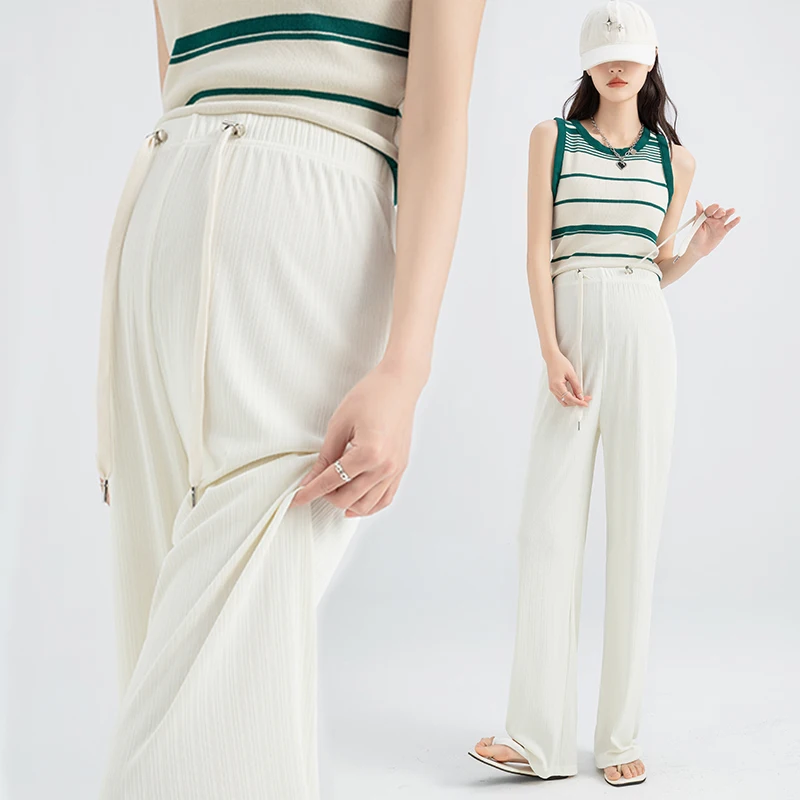 2024 Summer Drawstring High Waist Maternity Trousers Loose Casual Ice Silk Sunscreen Women Pants Floor-length Pregnancy Pants