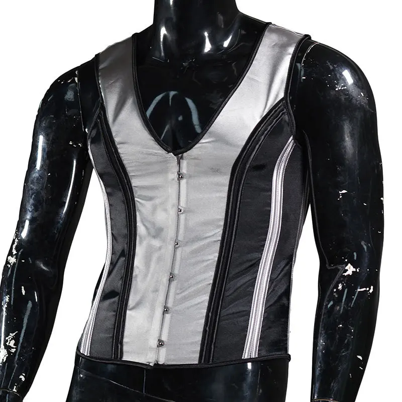 Grey And Black Satin Abdominal Shapewear Simple Men's Corset Top With Straps Adjustable 6 Buttons Vest