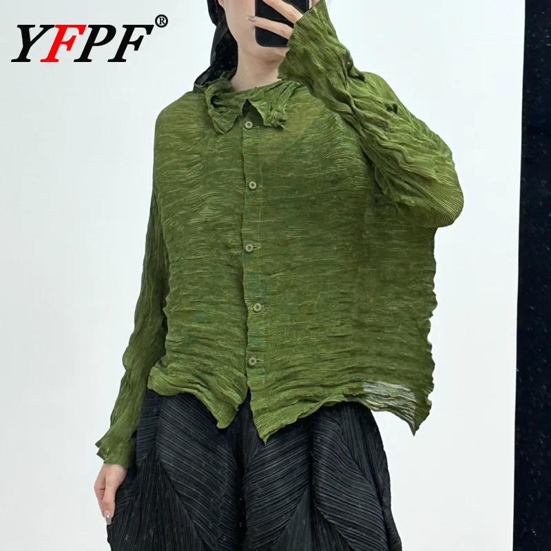 

YFPF Solid Color Casual Pleated Shirt For Women Lapel Long Sleeve Folds Loose Versatile Blouse Fashion 2025 New Clothing