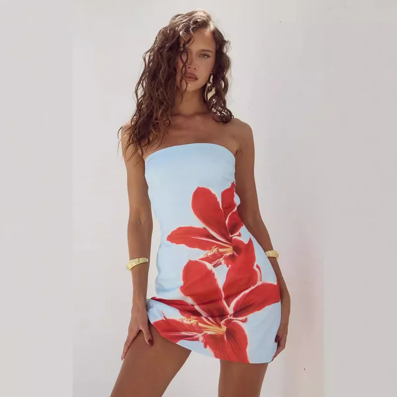 European and American Summer Sexy Women's Tube Top Flower Print Slim Sheath Short Dress Fashion