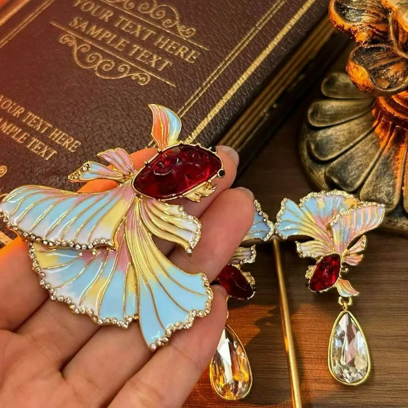 

New Retro Western Style Antique Sense Goldfish Earrings Water Drop Gemstones Medieval Vintage Enamel National Trend Painting Koi