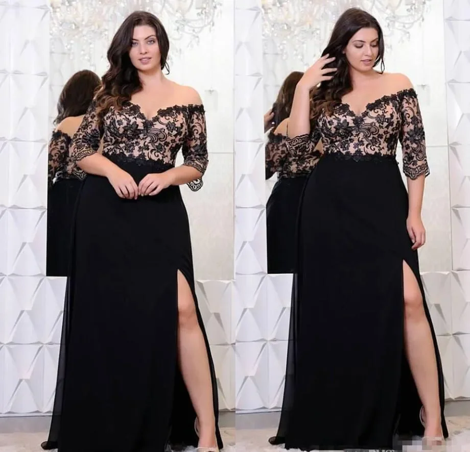 Black Lace Chiffon Plus Size Mother of the Bride Dress Half Sleeves High side Slit Women Formal Evening Wedding Guest Party Gown