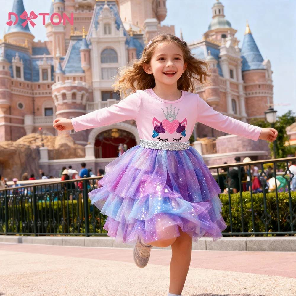 DXTON Girls Party Clothing Gradient Tulle Layered Princess Dress Heart Crown Autumn Children Daily Costumes Kids Dress For Girls