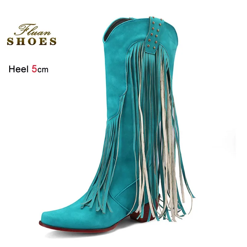 

2025 Autumn Tall Boots Fashion Pink Women's Shoes 5cm Coarse Heel Knee Length Boots Pointed Toe Rivet Tassels Casual Long Boots