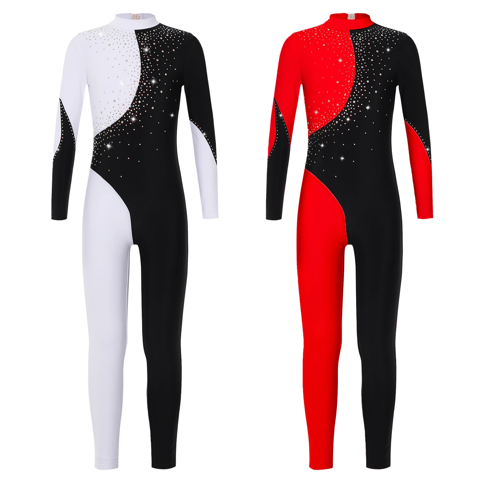 Macacão de ginástica de strass brilhante para crianças, manga comprida, unitários de balé, collant esportivo, bodysuits de corpo inteiro para meninas