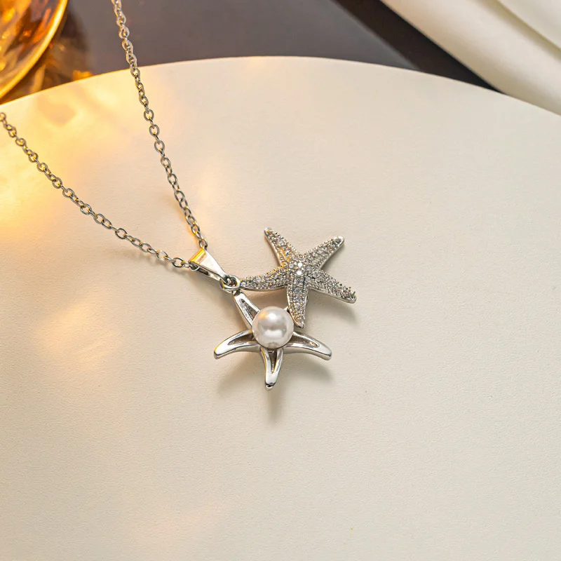 Luxury Pearl Starfish Pendant Necklace For Women Girls Exquisite Titanium Steel Clavicle Chain Jewelry Accessories Gifts