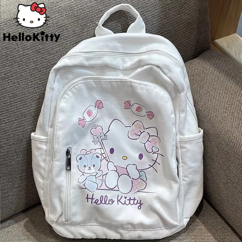 Sanrio Hello Kitty nowy plecak płócienny biały słodki nadruk kreskówkowy podwójne torby na ramię Y2k dziewczyna w stylu College Bag koreańska torba