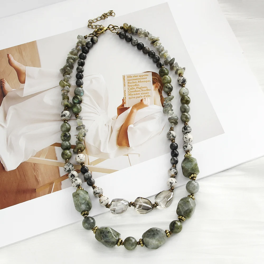 New Fashion Bohemian Ethnic Style Labradorite Natural Stone Handmade Beads 2 Layer Necklace Short Necklace