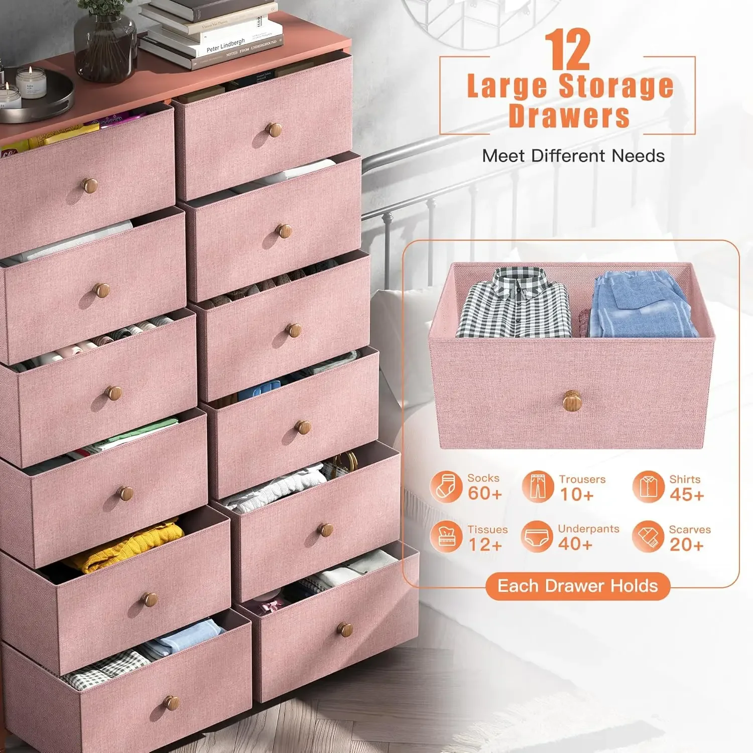 12 Drawers, Tall Dressers for Girls Bedroom with Wood Top Metal Frame, Chest of Drawers for Bedroom, Closets, Pink, 11.9" D x 34