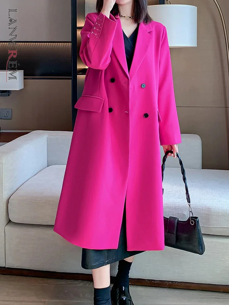 

LANMREM Autumn Fashion Long Blazer Women Office Lady Notched Collar Double Breasted Coat Female 2024 Autumn New Clothing 2VV206