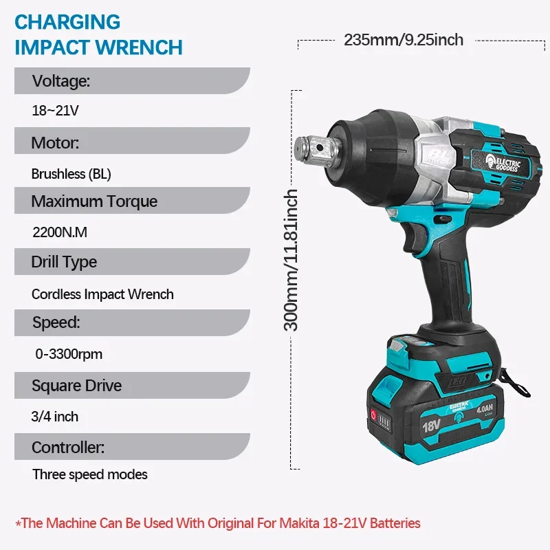 2200NM Electric Goddess Brushless Electric Impact Wrench 3/4Inch 3Gear Cordless Electric Drill Power Tool For Makita 18V Battery