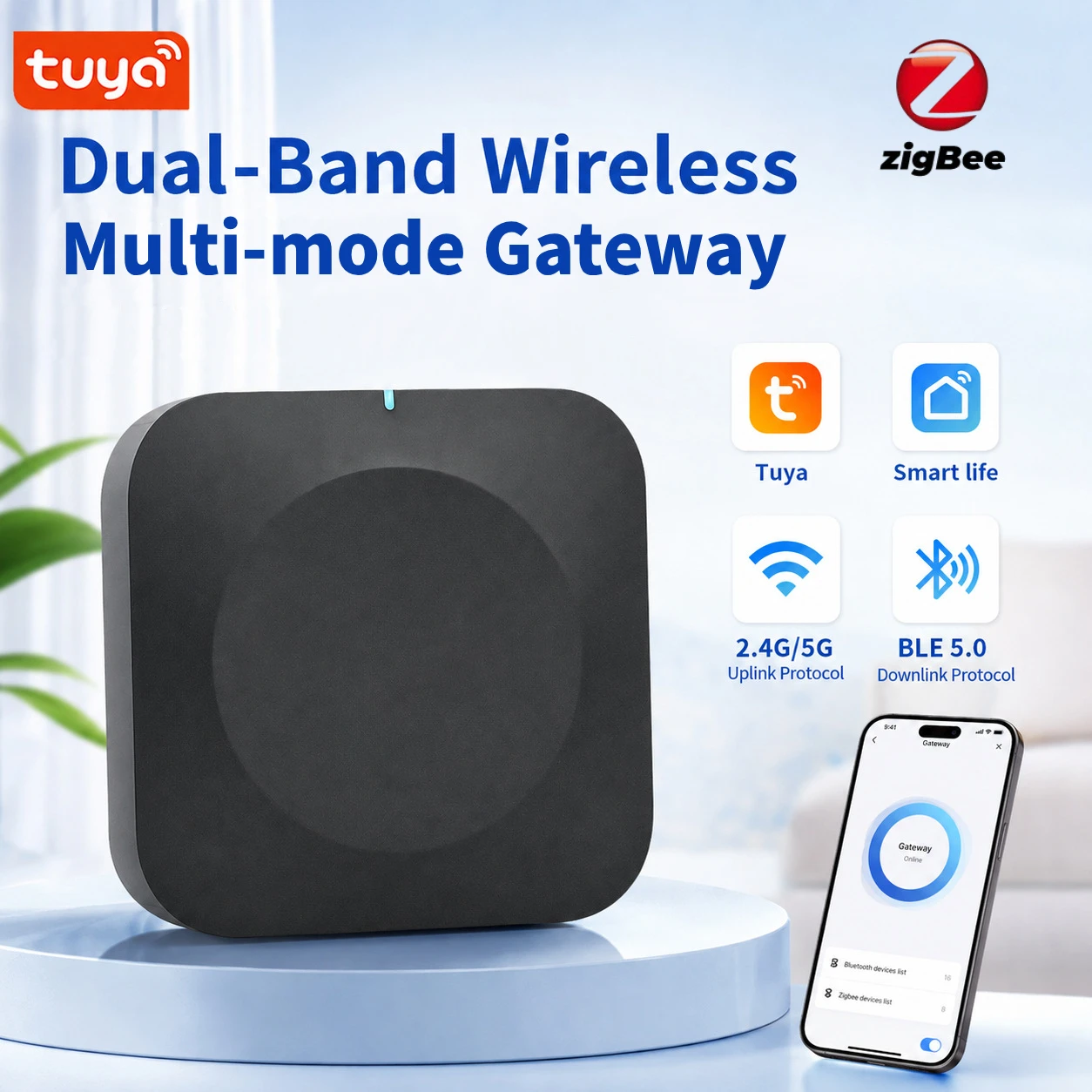 Tuya Smart ZigBee Bluetooth Mesh Wireless Multi-mode Gateway Hub 2.4G & 5G Dual Band WiFi Smart Home Automation for Alexa Google