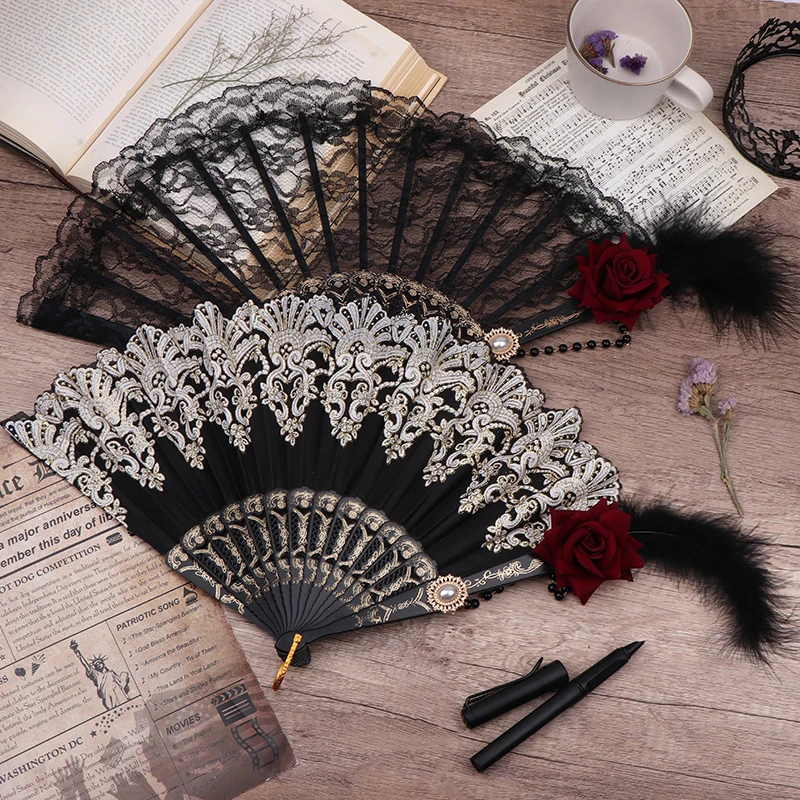 Lolita dobrável de renda, rosa de penas, banhado a ouro, festa de chá feminina, fãs de casamento, adereços cosplay, retrô, estilo europeu