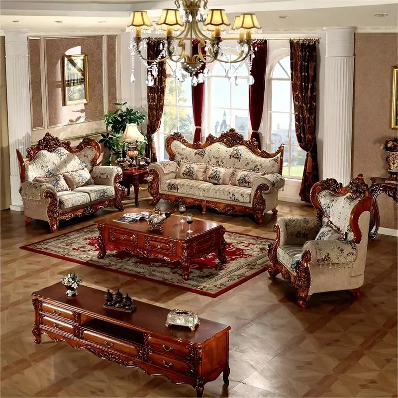 European Design Solid Wood Sectional Sofa Set with Hand Carved Detail Sponge Filled Fabric Cover for Villa Living Room Use