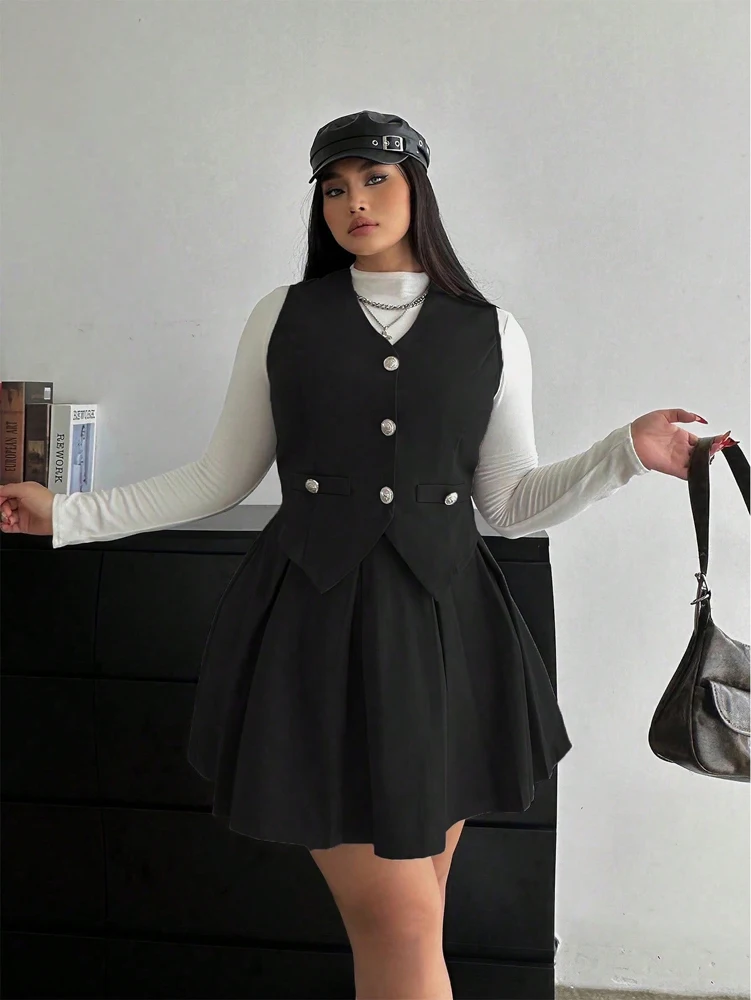 Plus Size Figure Flattering Two Piece Suit Women Gray Sleeveless Button Vest High Waist Pleated Skirt Slim Fit Y2K Preppy Korean