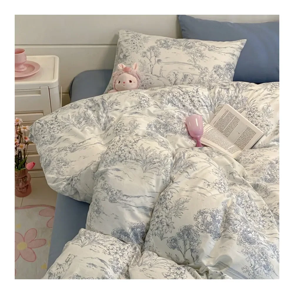 

Set Vintage Ditsy Floral Duvet Cover Set 1 Duvet Cover 2 Pillowcases, Romantic Princess Style, Korean Version, Washed Fabric