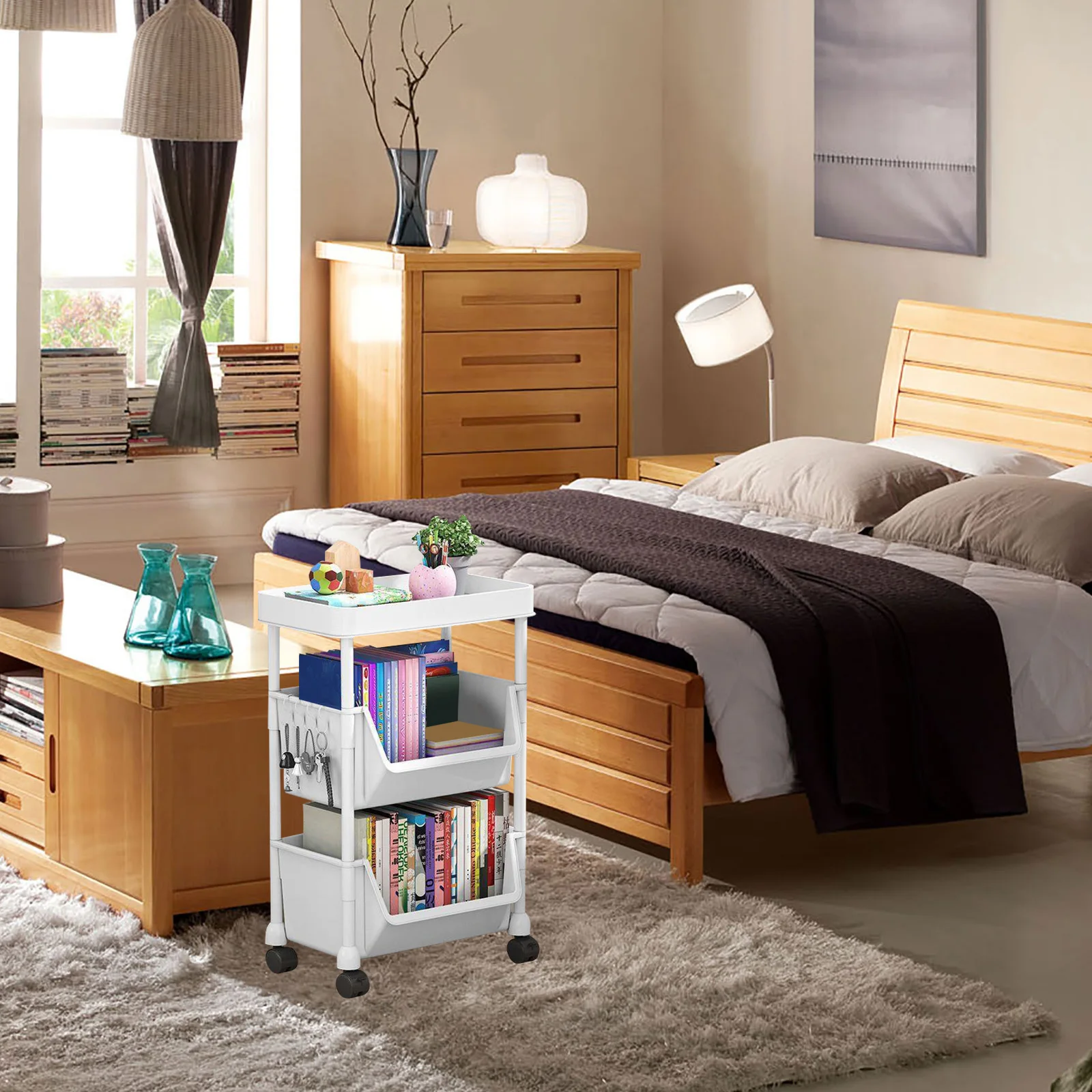 

Movable Bookcase 3 Tier Storage Shelf White PP Material Multi layer ganizer Home Utility Cart Wheels Trolley Storage Stand