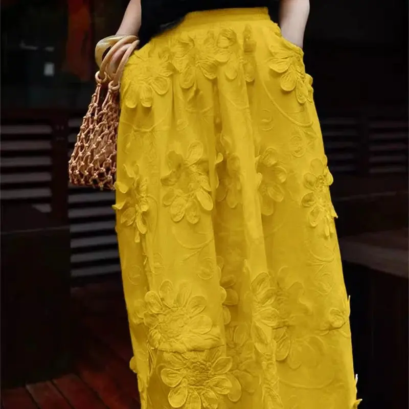 ฤดูร้อนใหม่ 3D ดอกไม้กระโปรงผู้หญิงแฟชั่นเอวสูง A-Line Midi กระโปรง Retro ยาว Faldas Mujer สีทึบ Elegant Jupe