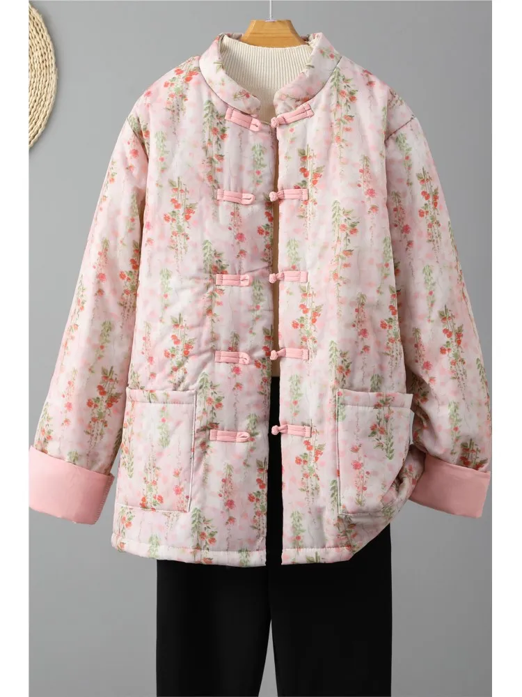 Flower Floral Autumn Winter Padded Cotton Coat Women Pink Fashion Ladies Jackets Long Sleeve Loose Oversized Casual Woman Coats