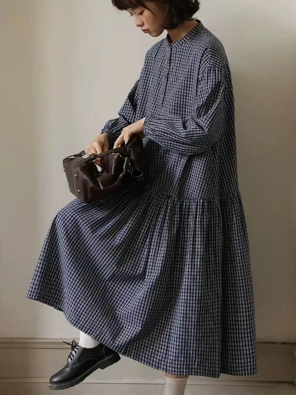 

Retro Loose Fit Plaid Dr Women's Midi Casual Autumn Winter Art Design Sense Layering Long Skirt Sve Long Dr