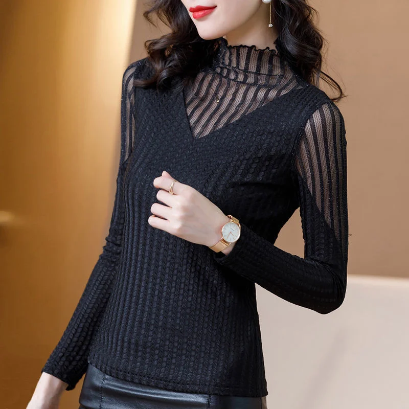 Elegant Plush Warm Half High Collar Black Basic T Shirt Women New Autumn Winter Sexy Mesh Patchwork Long Sleeve Slim Ladies Tops