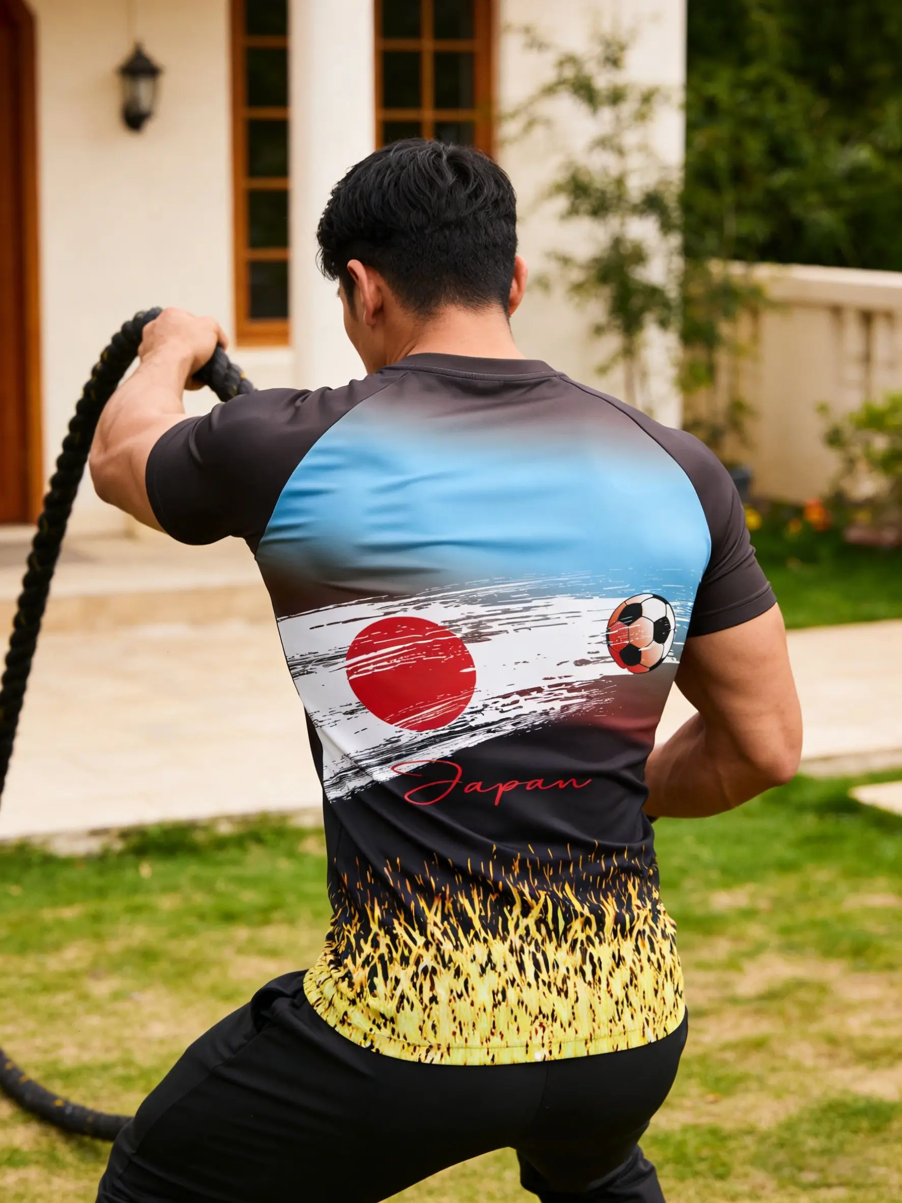 Men Sports Short Sleeve T-Shirt Quick Dry High Elastic Japan Football Print Breathable Slim Fit Training Top