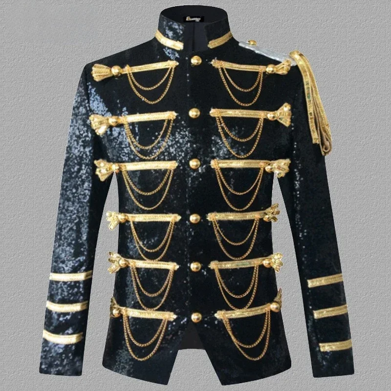 

Performance Male Host Ceremonial Dress Stage Attire Nightclub Bar DJ Sequin Chain Military Uniform
