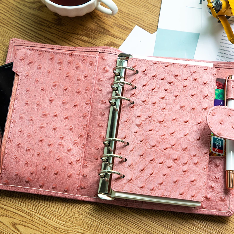 Smartfee A6 Leather Notebook Ostrich Style Pocketbook Binder Photocards A6 Notebook Agenda Budget Planner Notepad With the Rings