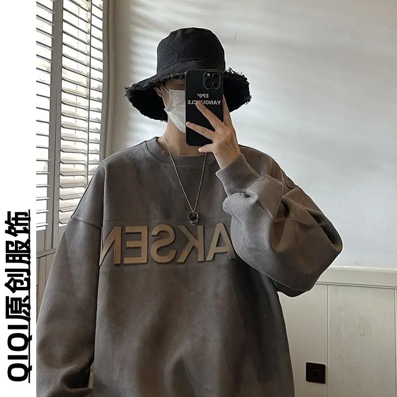 New original three dimensional letter suede sweatshirt for men in autumn trendy American retro large size loose round neck top