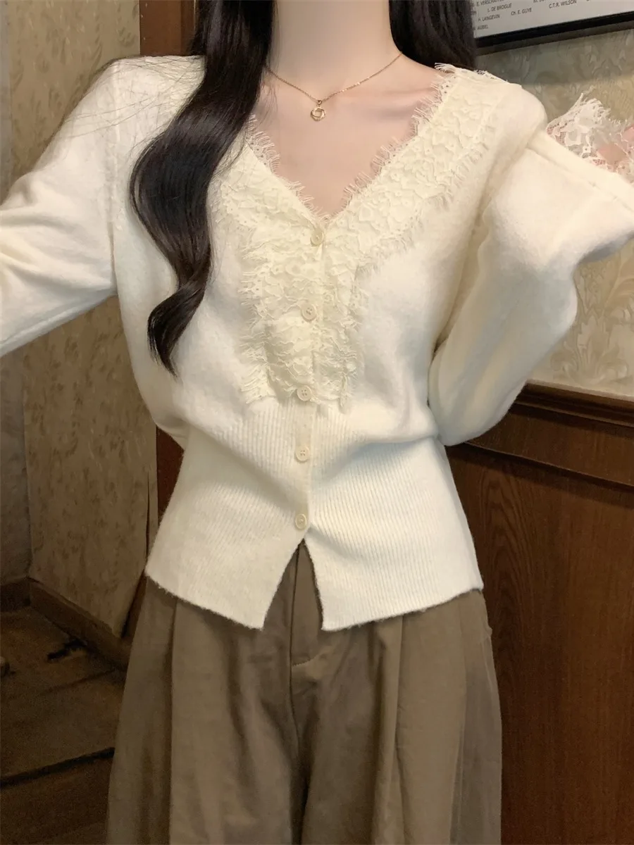 

Мягкий вязаный свитер из кружева с V-образным вырезом, весенний модный женский базовый кардиган-топ во французском стиле, стандартный крой, длинный рукав